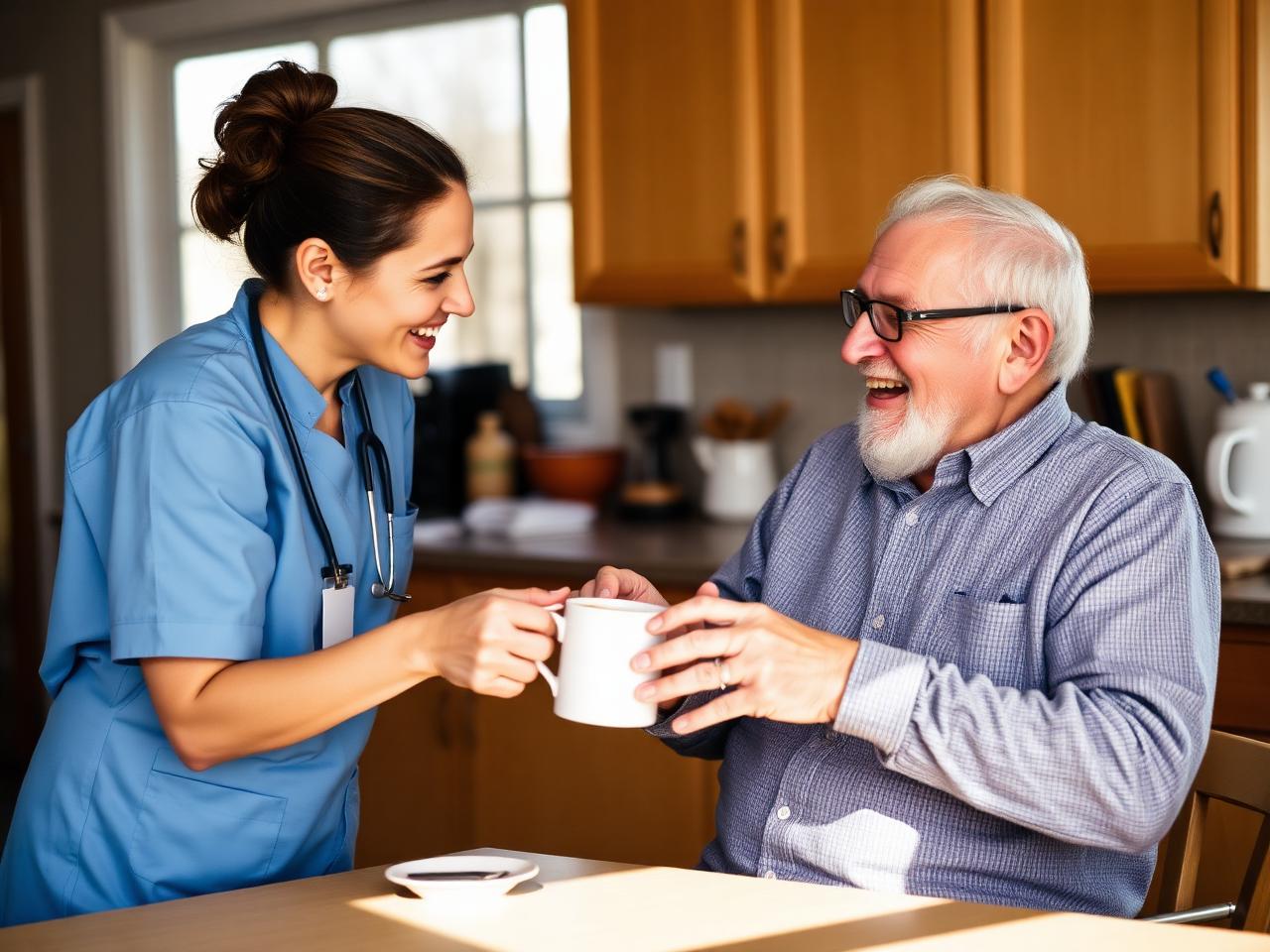 Caregiver sharing a warm cup of tea with an elderly gentleman in his Calgary home